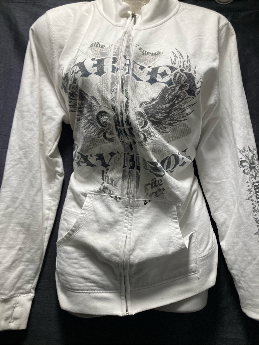 Harley Davidson White Full Zip Graphic Hoodie Y2K Approx L